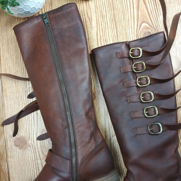 FRYE VERONICA Women Strap Tall Brown leather Boots size 6 Western Boho Moto - Picture 7 of 16